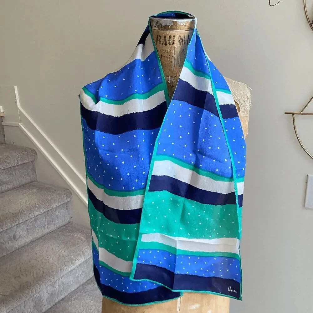 Vintage 1970s Vera Neumann Blue Tone Striped Polka Dot Print 100% Silk Long Scar